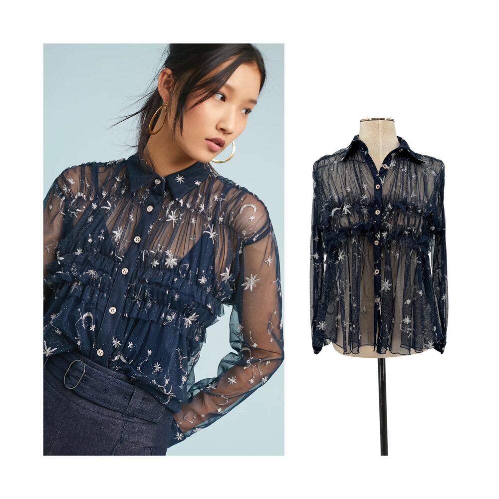 Anthropologie Eva Franco Celestial Dream Sheer Mesh Ruffle Star Blouse Navy XS
